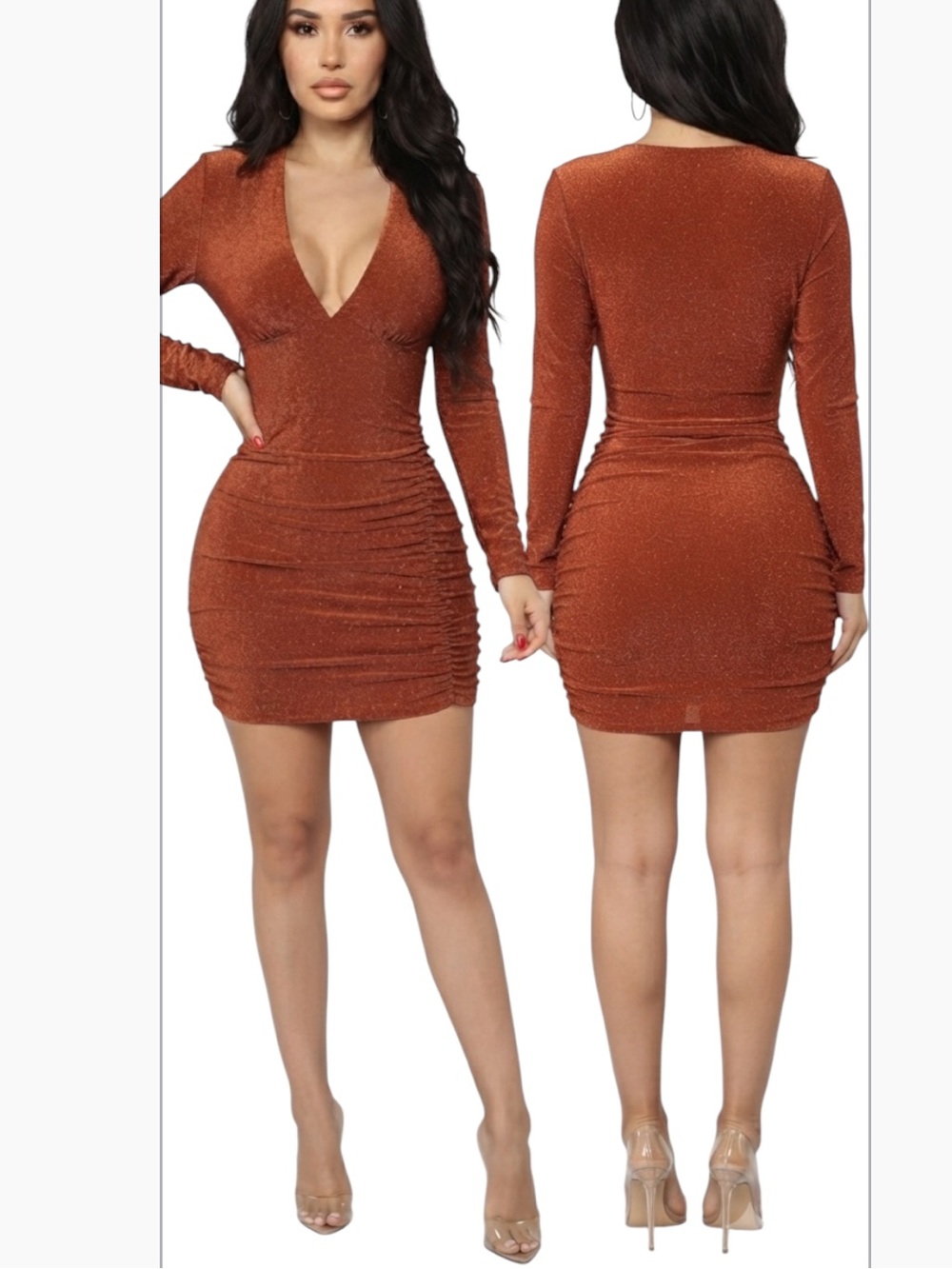 SHEIN SXY Plunging Neck Ruched Glitter Bodycon Dress NWT